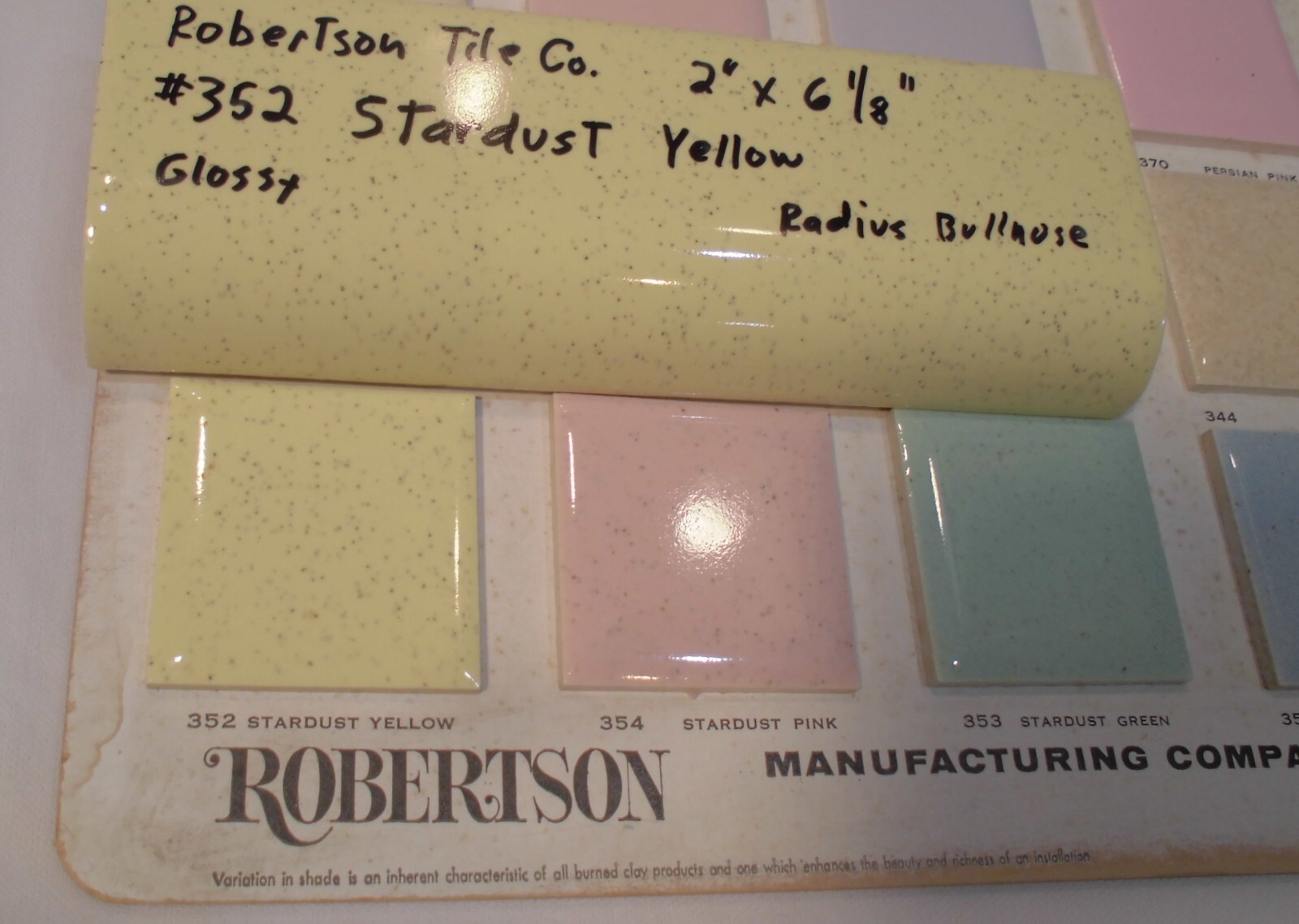 1 pc. *Stardust Yellow* Ceramic Tile; 2″ X 6-1/8″ Radius Bullnose; by Robertson