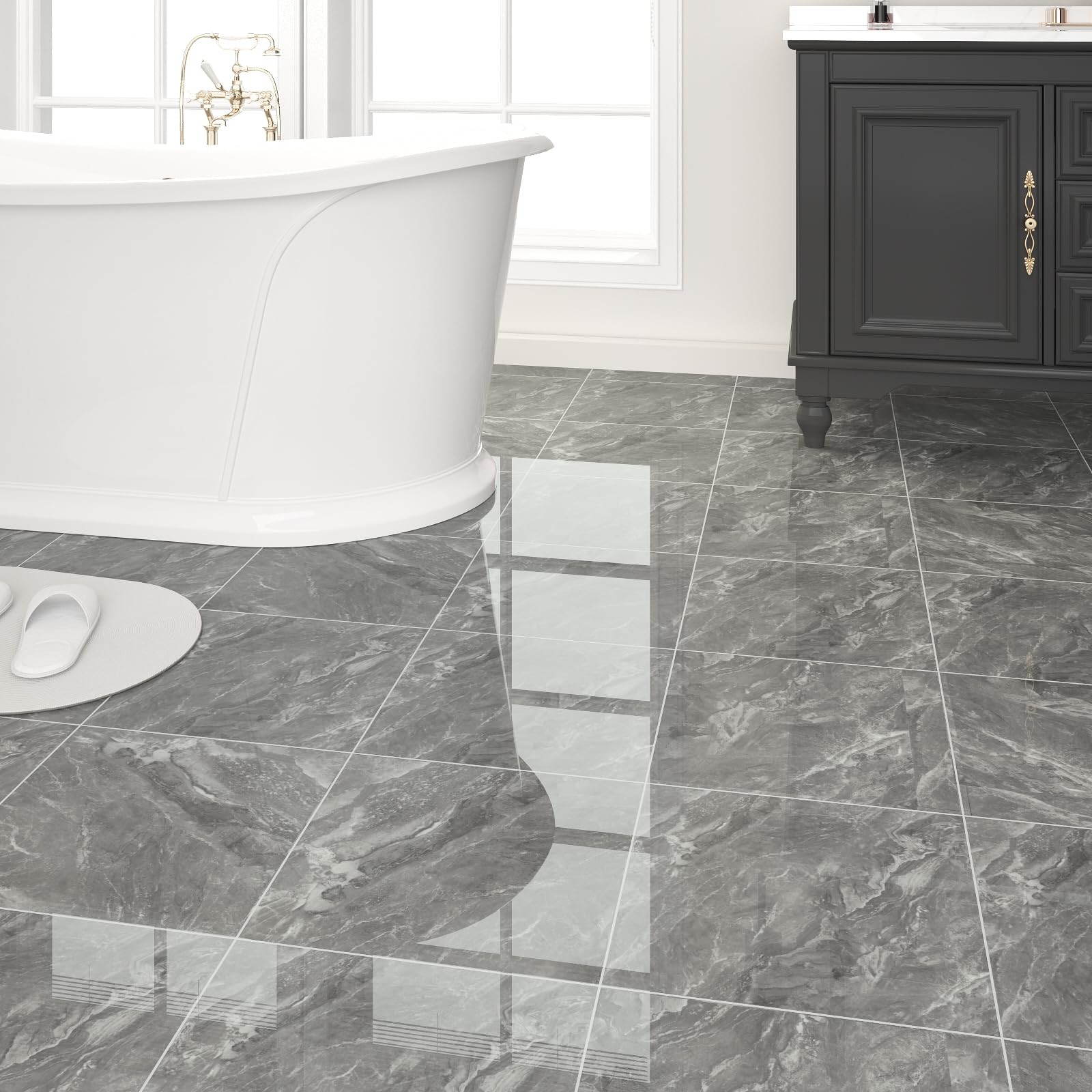 20-Pack 19.34 Sq.Ft Peel and Stick Floor Tiles Vinyl Glossy Pattern Flooring,…