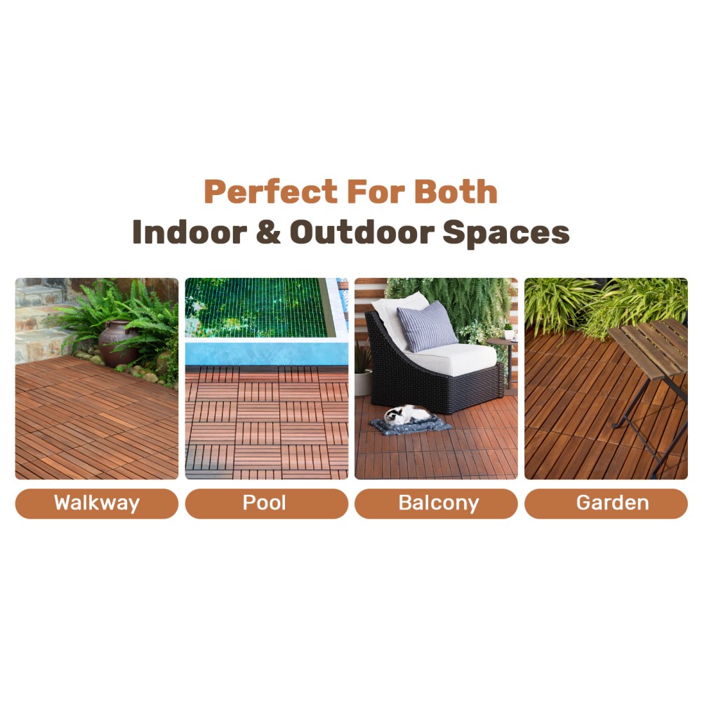30 PCS Interlocking Deck Tiles, 12″ Acacia Wood Striped Outdoor Flooring