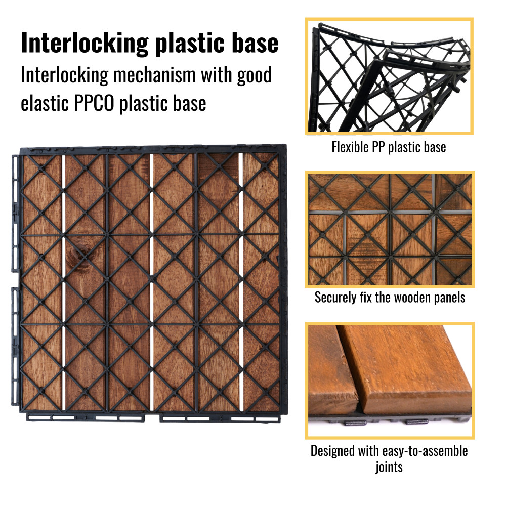 10 PCS Interlocking Deck Tiles Striped Pattern, 12″ x 12″ Square Acacia Hardwood