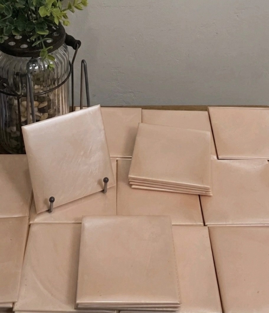 Vintage plastic tiles, 4-1/4×4-1/4”, pink pearl