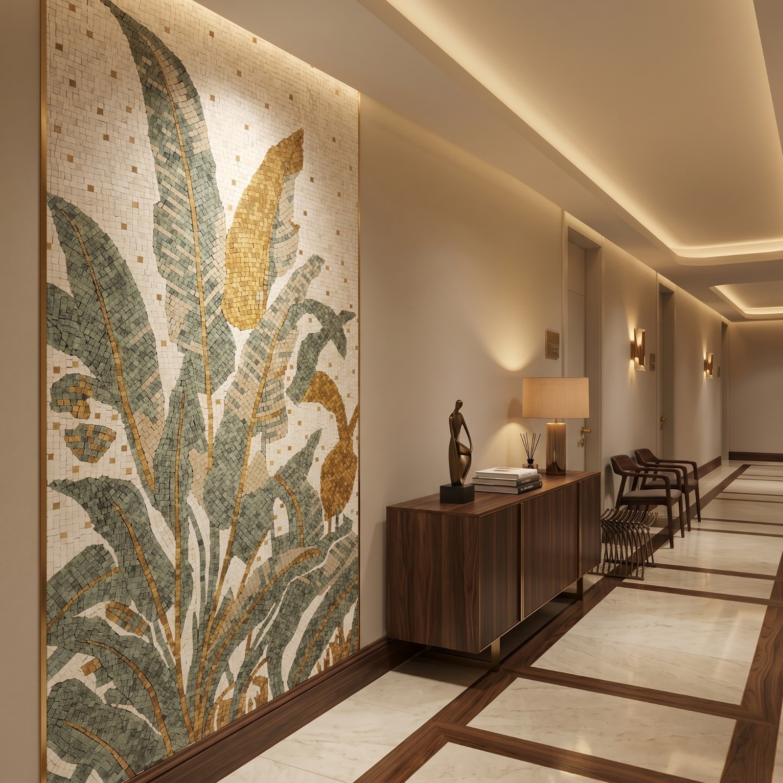 Tropical Banana Leaf Marble Mosaic Wall Art, Botanical Stone Inlay Panel