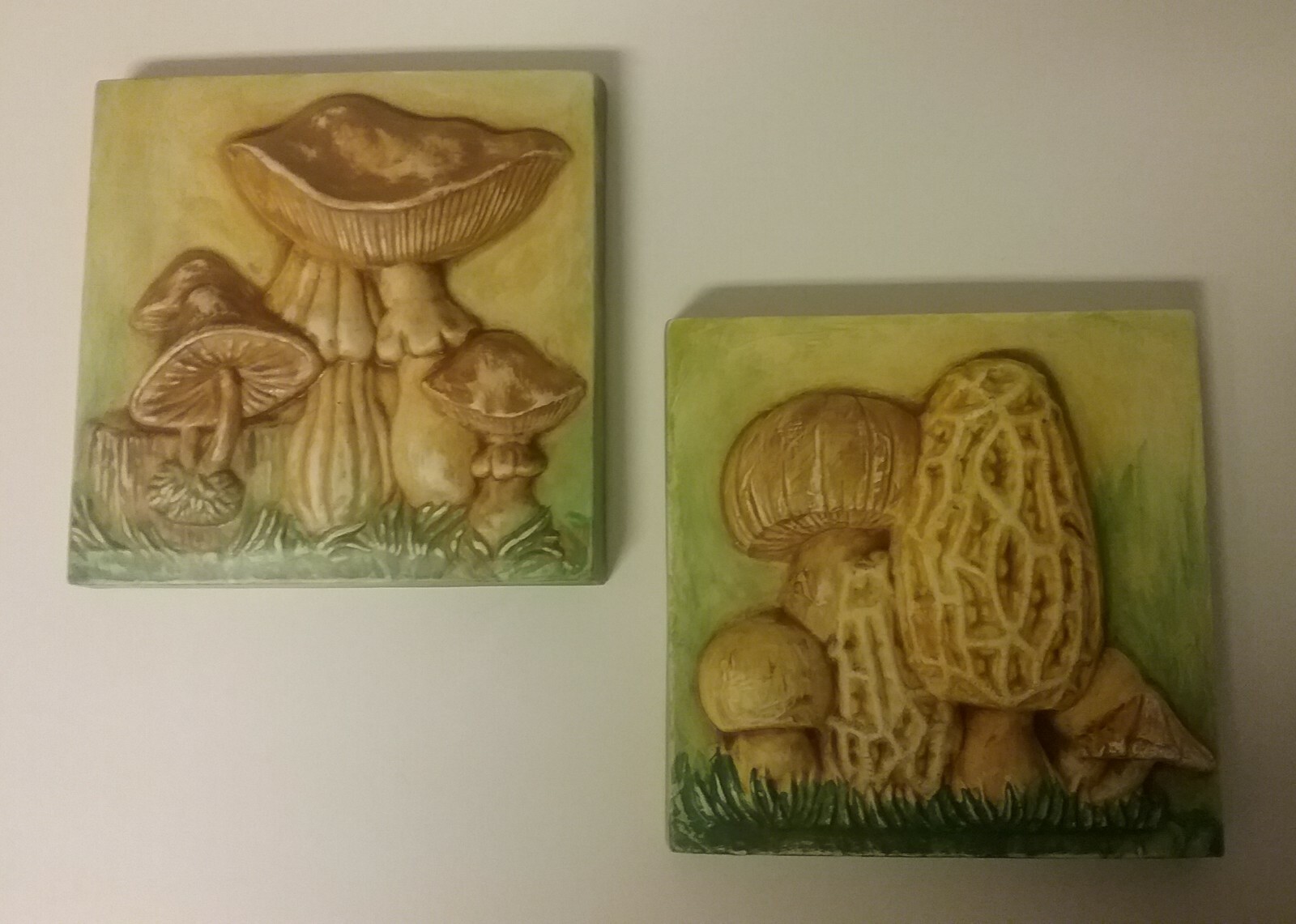 Autumn vintage ceramic tile painted nature mushrooms pair of two