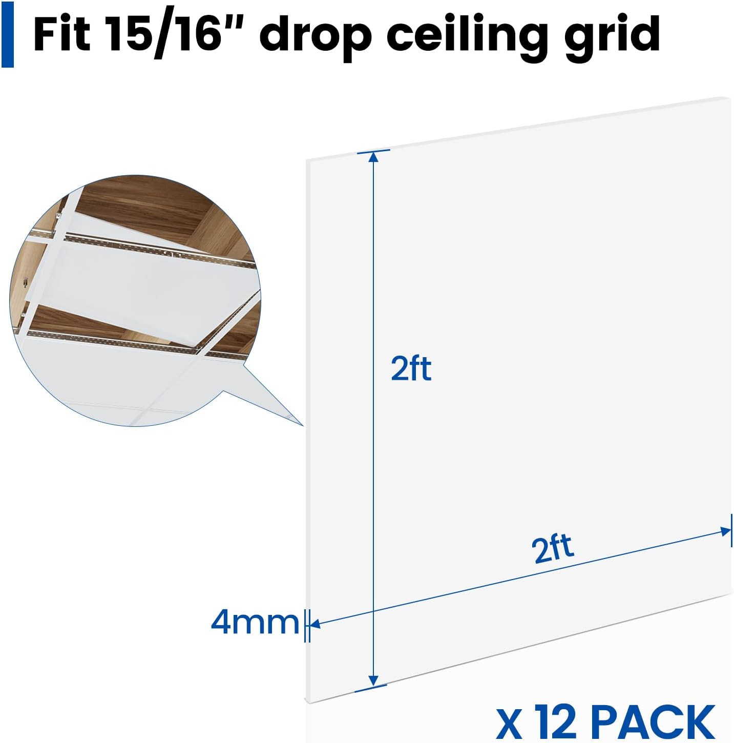 12-Pack Waterproof 2FT x 2FT Drop Ceiling Tiles – Smooth White PVC