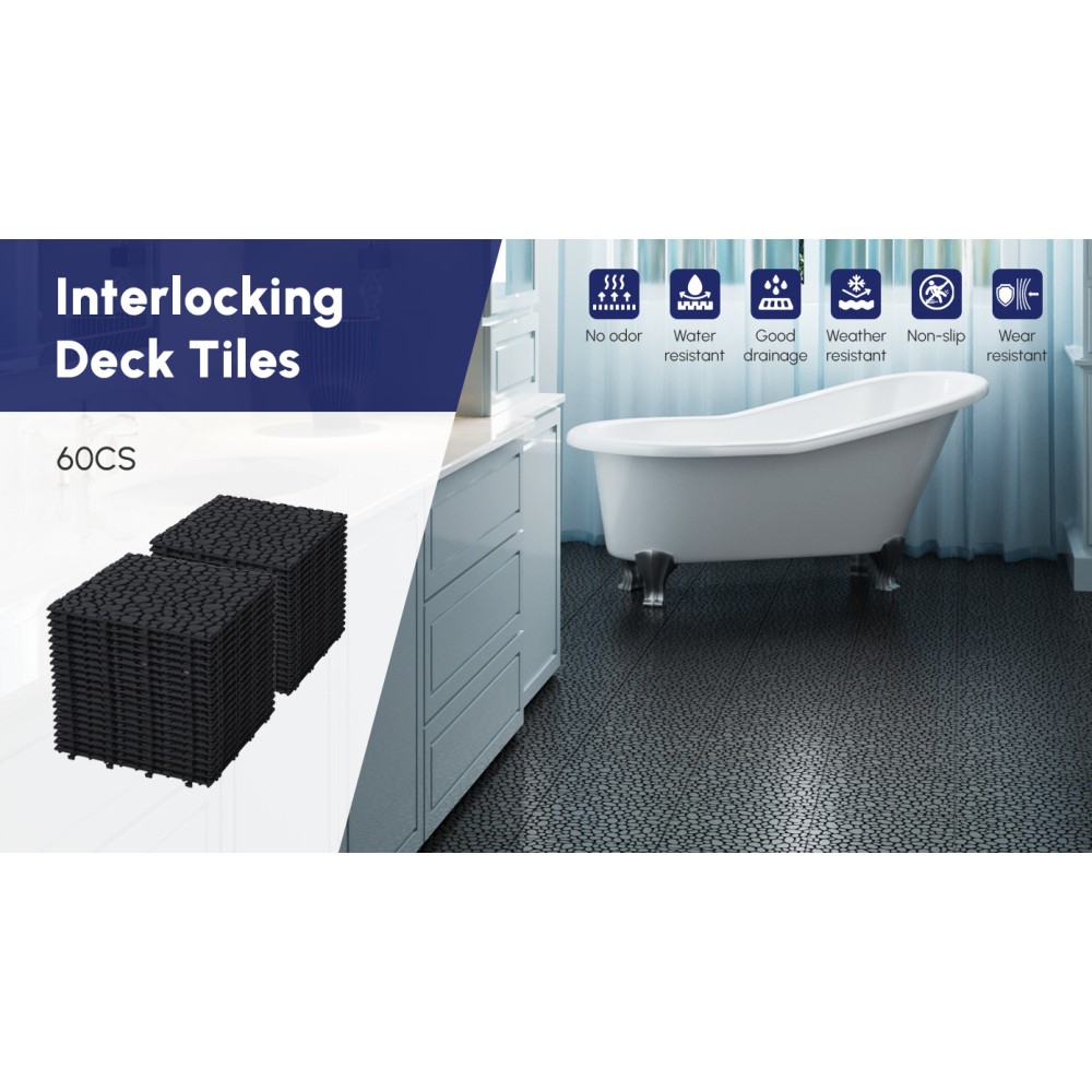 60Pcs 12 x 12 Inch Black Interlocking Deck Tiles Plastic Anti-slip Bathroom