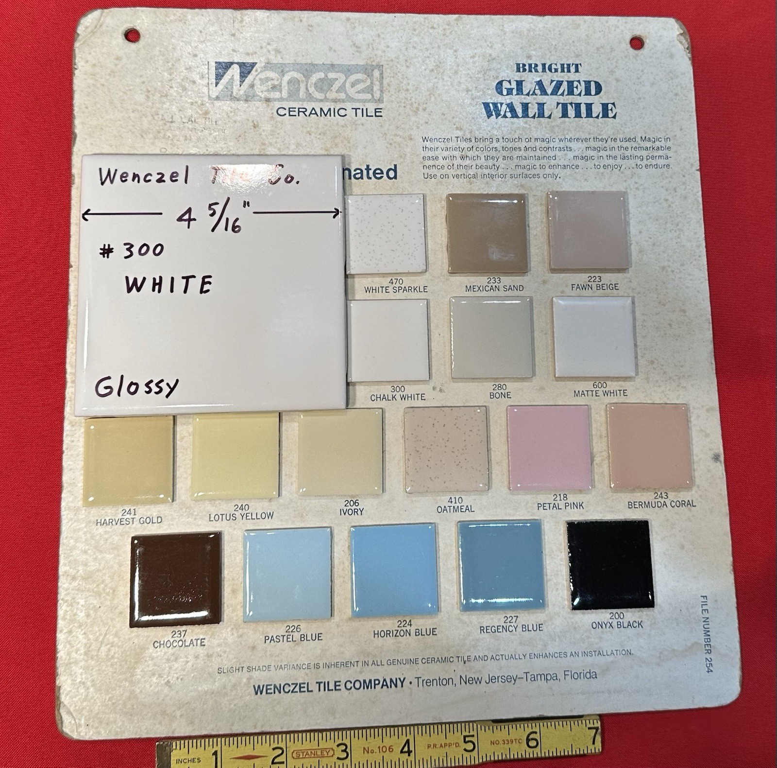 1 pc. Gloss White #300: 4-5/16″ Ceramic Tile by Wenczel Co. made 1960’s -1980’s