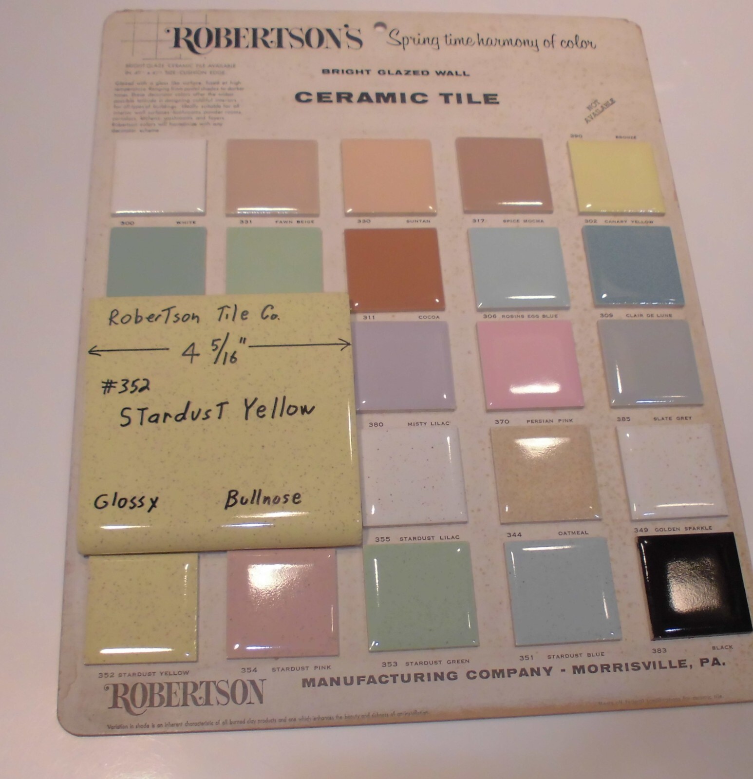 1 pc. Stardust Yellow: Vintage Glossy Ceramic Bullnose Tile 4-5/16” Robertson