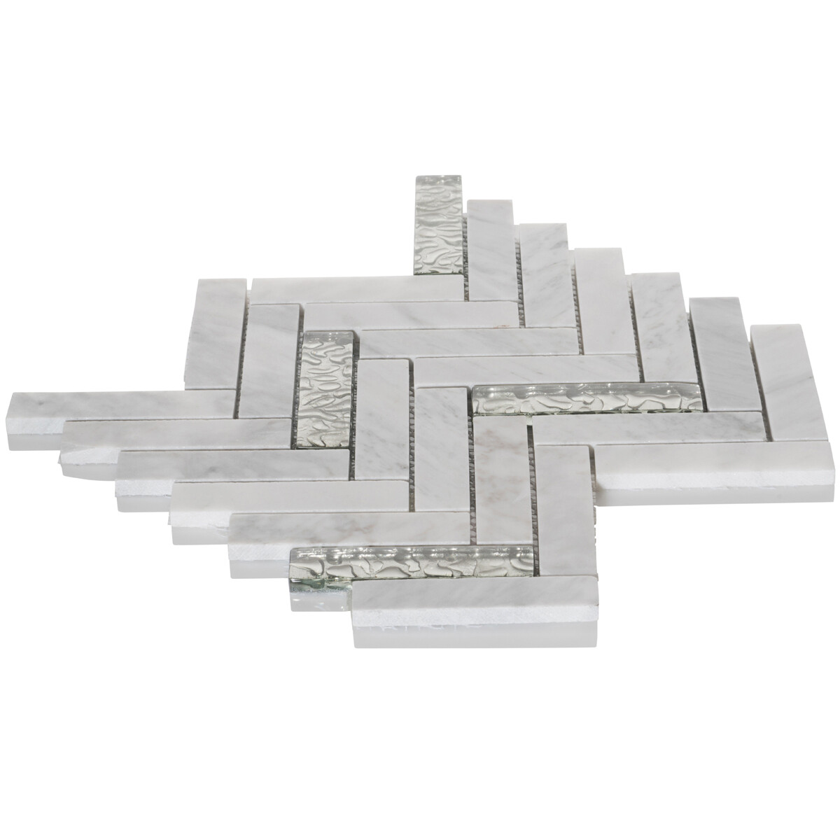White Carrara Marble Stone Silver Glass Mosaic Tile Herringbone Backsplash