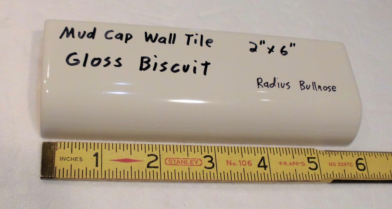 1 pc. Gloss Biscuit: 2″ X 6″ X 3/4″ Ceramic Radius Bullnose Tiles, Mud Caps, New