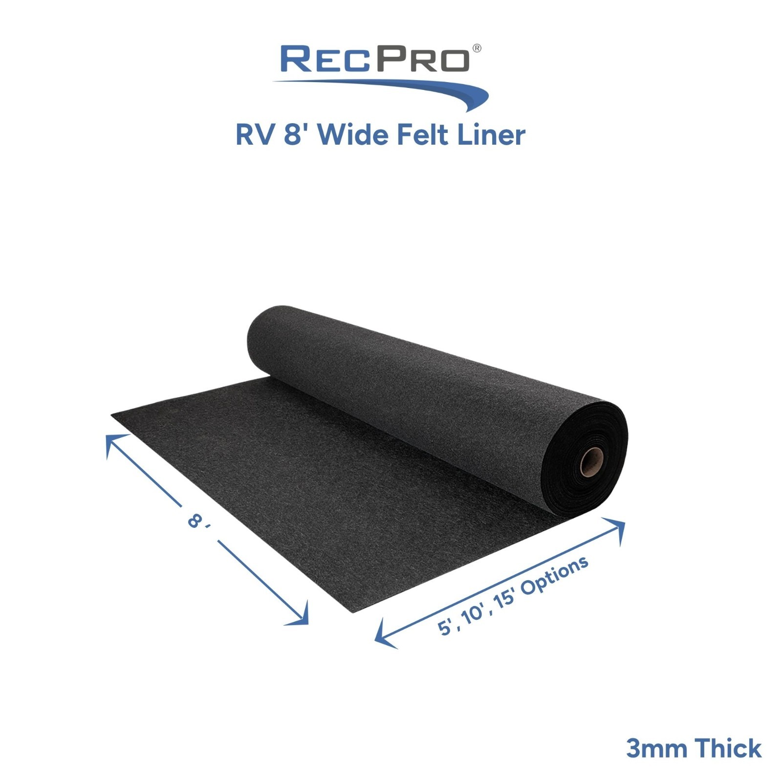 RecPro 8′ Charcoal Felt Liner Roll | 3mm Anti-Slip RV Boat Carpet