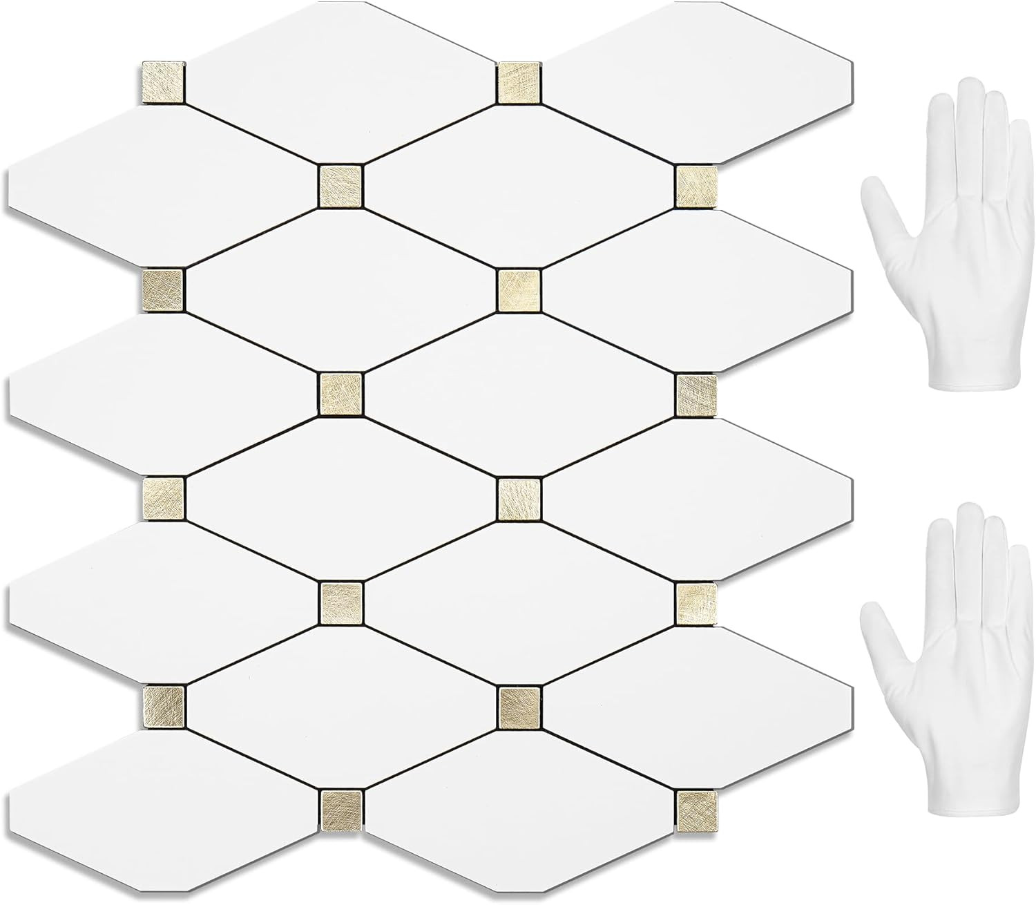 10 Sheets Peel and Stick Backsplash, Pure White Marble Look PVC Mixed Metal Gold