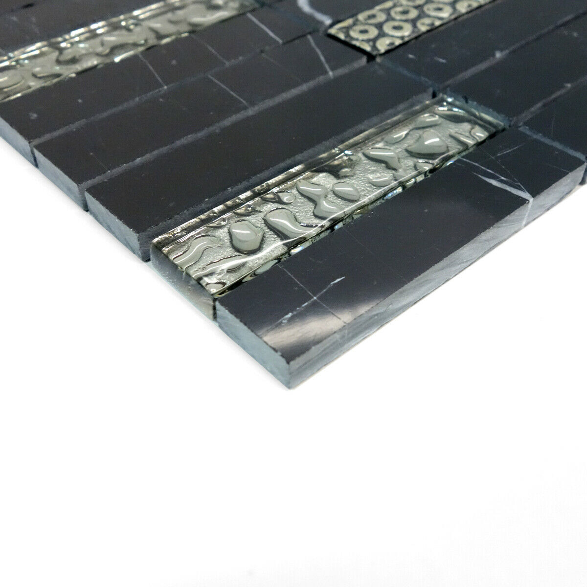 Black Marquina Marble Blended Metallic Silver Glass Mosaic Tile Wall Backsplash