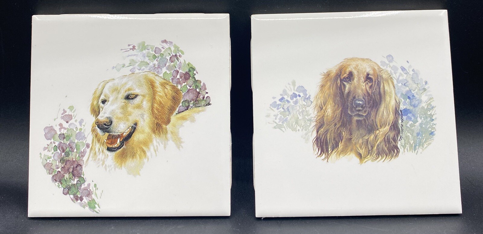 Pair Of Ceramic Dog 4 3/8″ x 4 3/8″ Decorative Tiles