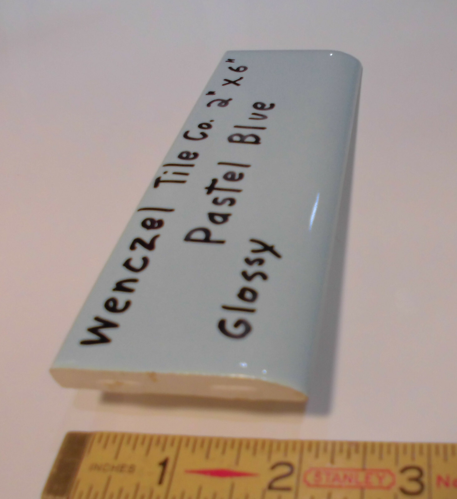 1 pc. Vintage Glossy *Pastel Blue* 2” X 6” Bullnose Ceramic Tile by Wenczel Co.