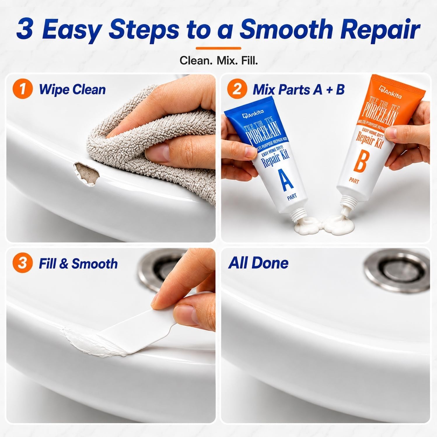 Tile Repair Kit (Pure White), Ceramic & Porcelain Tile Chip Repair Kit with Supe