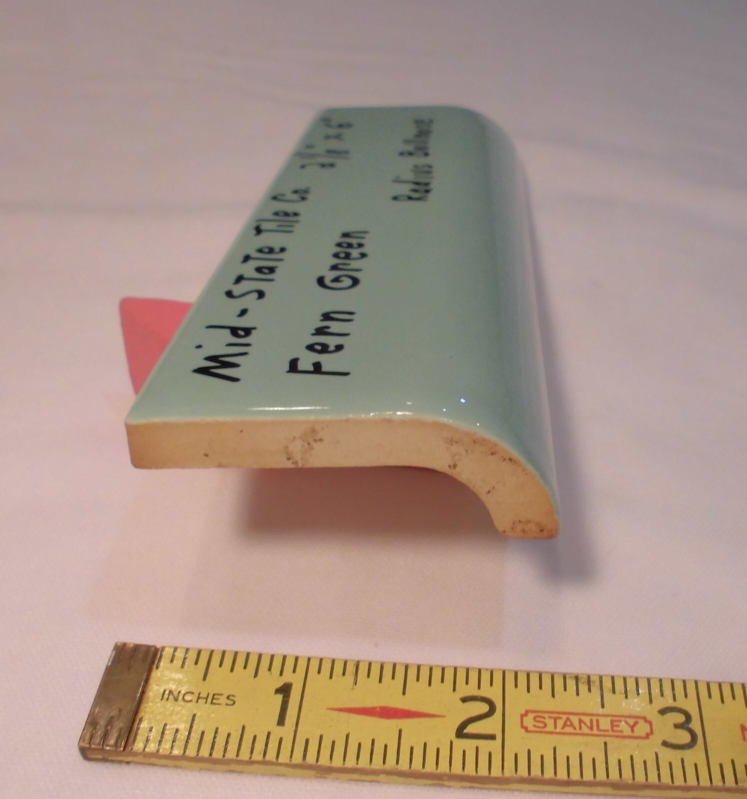 1pc. *Fern Green* Glossy Ceramic Radius Mud Cap Bullnose Tile; by Mid-State: NOS