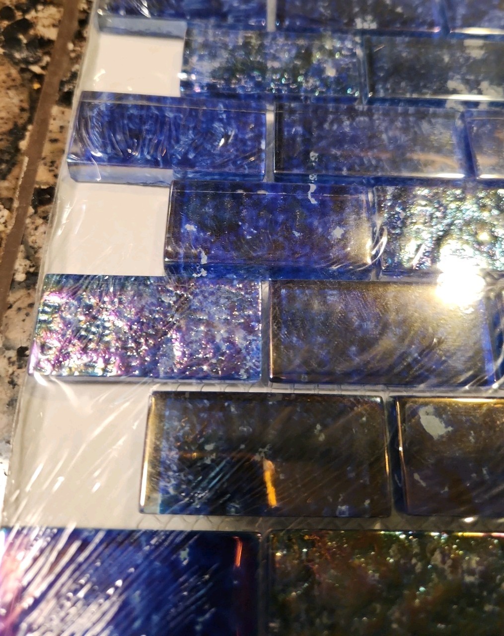 Iridescent Glass Tile 3 Sheets 3 Sq.ft. Blue Brick Mosaic From Soho Studio New