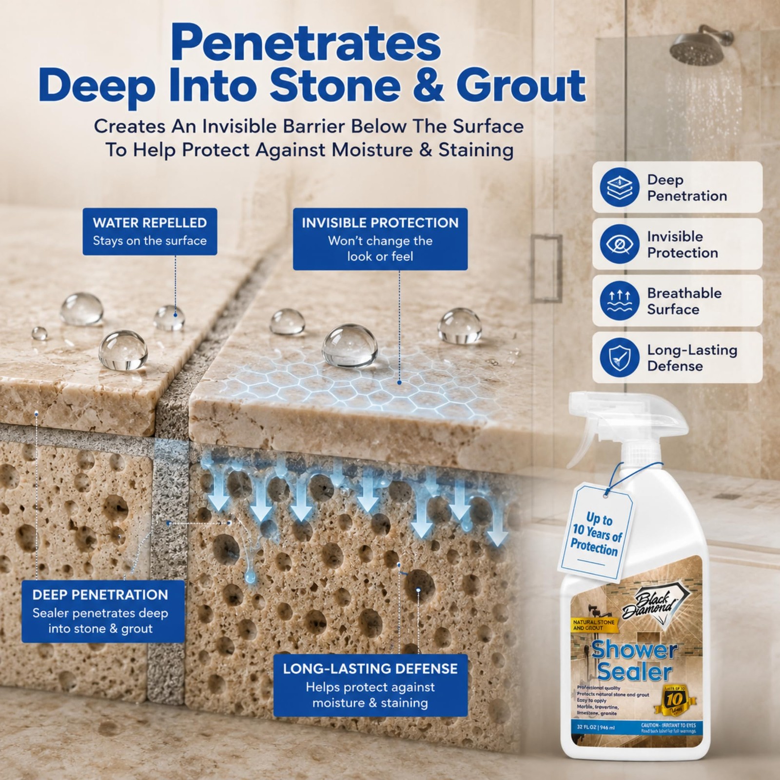 Natural Stone Shower Sealer – Penetrating Water-Based Sealer for Marble, Gran…