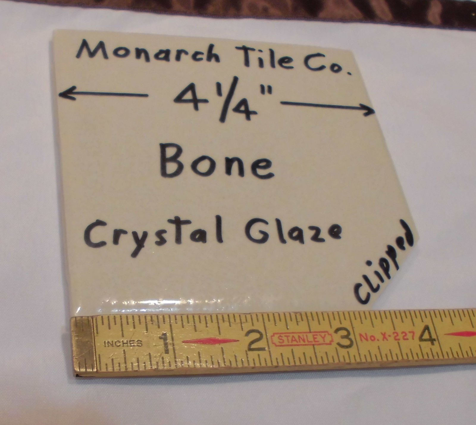 1 pc. *Bone* Clipped Ceramic Tile 4-1/4″ *Crystal Glazed* by Monarch Co. NOS