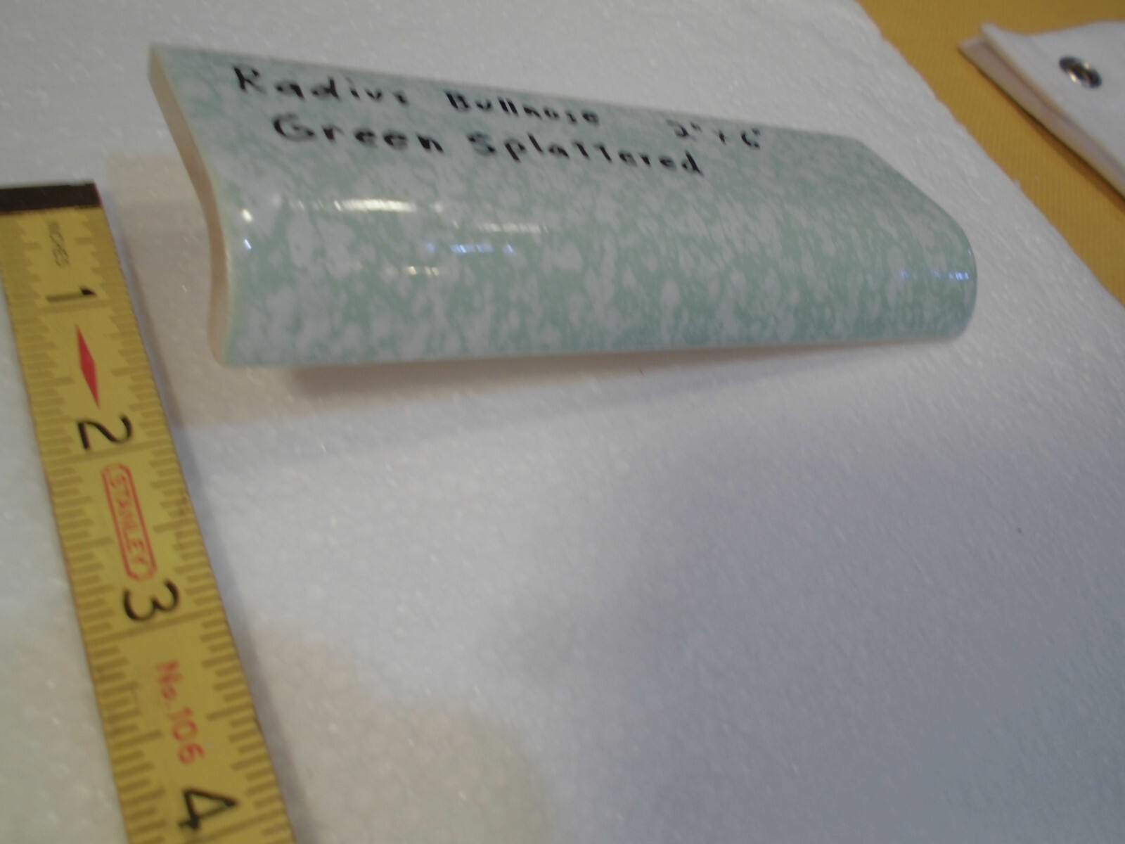 1 pc. “Pale Green Splattered” Ceramic Tile: 2″ X 6″ Glossy Radius Bullnose: NOS