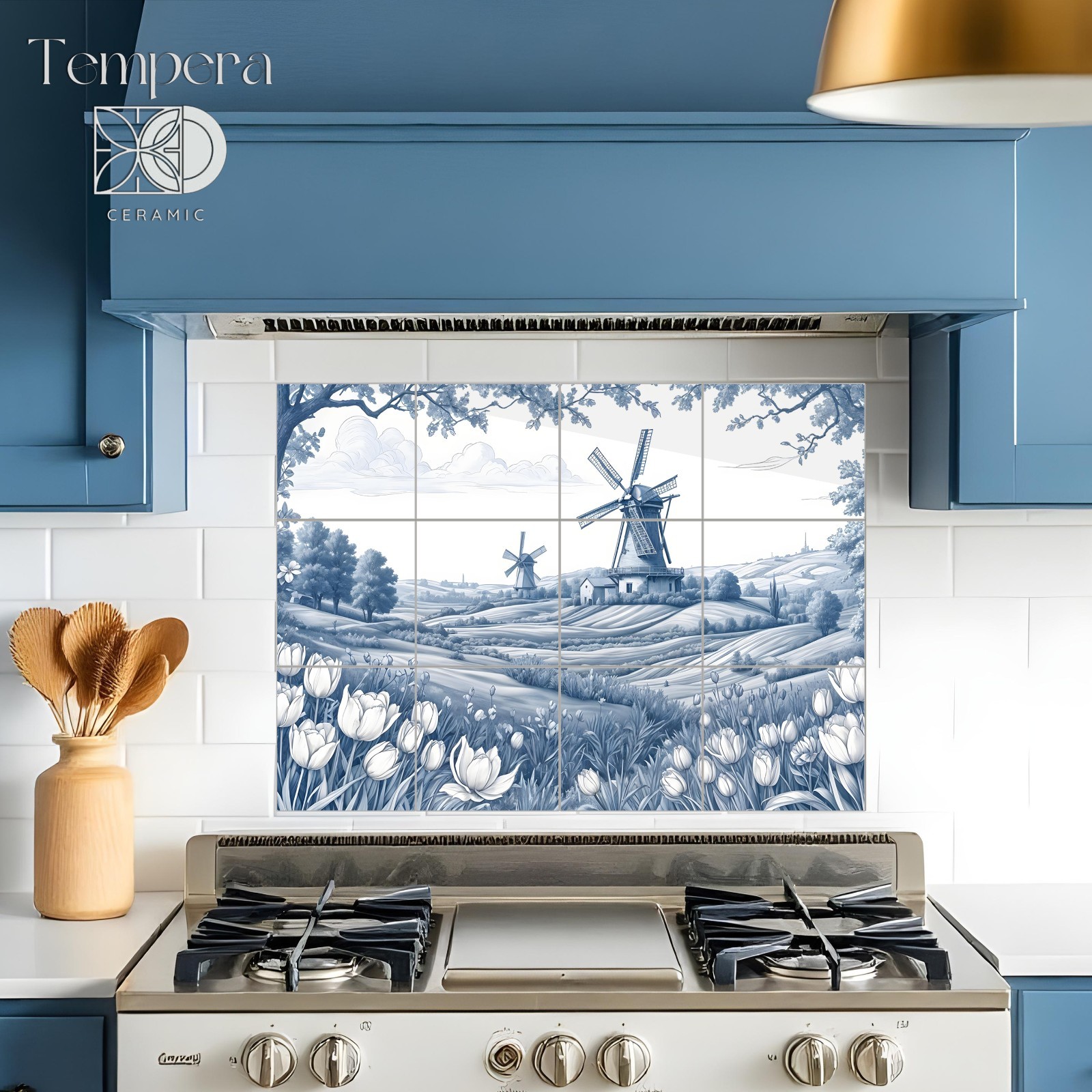 Blue and white delft style tiles, Windmill tile mural, Windmill landscape tiles