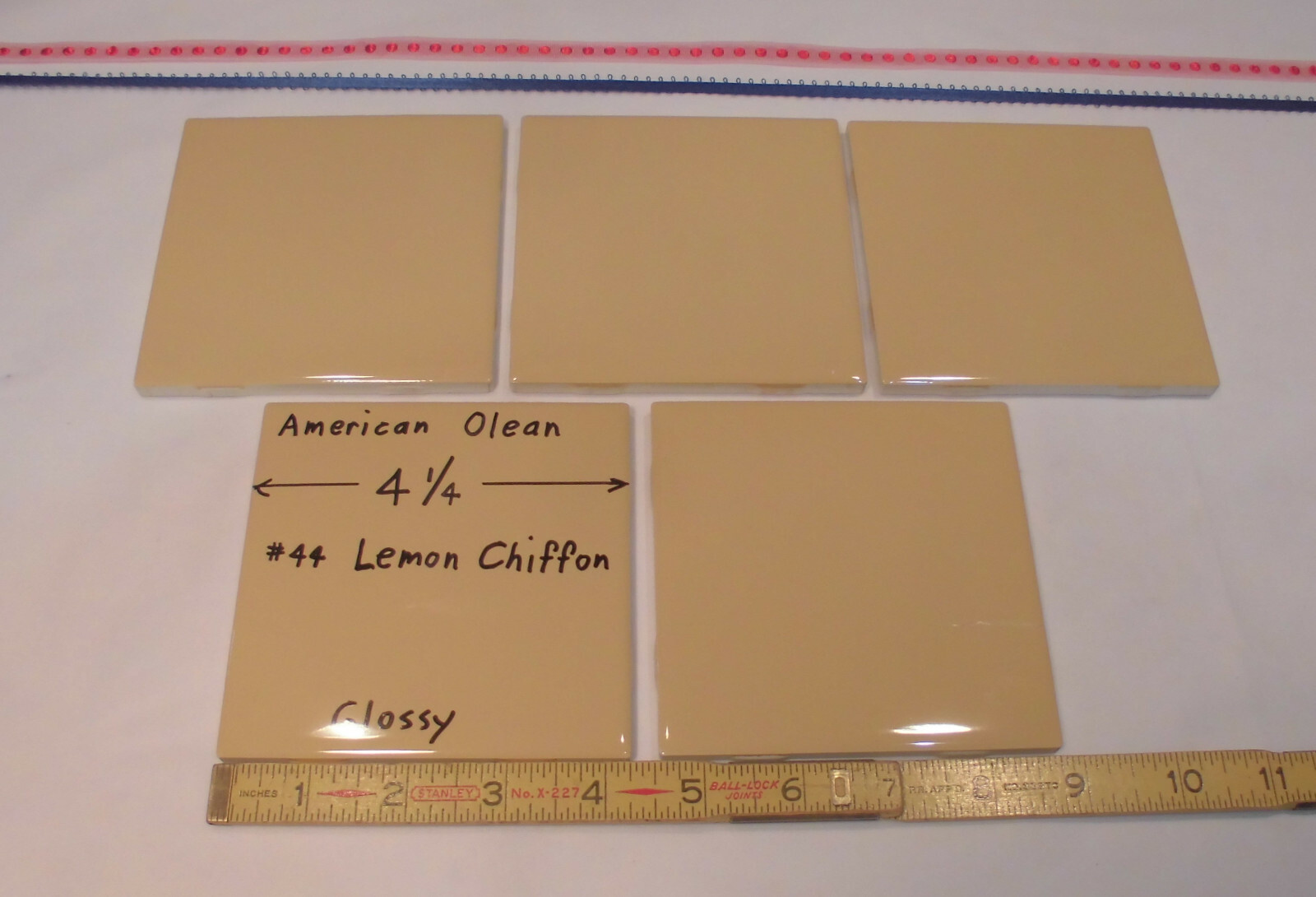 5 pcs. Glossy Ceramic Tiles *Lemon Chiffon #44* by American Olean 4-1/4″ Mustard