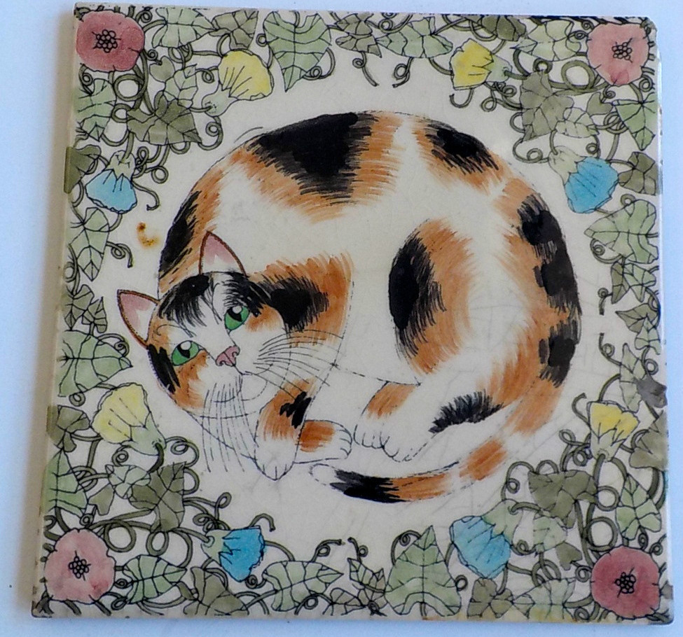 PAIR OF VINTAGE CERAMIC TILES-CAT/FLORAL MOTIFF-SIGNED-LINDA DOUGLAS-ENGLAND