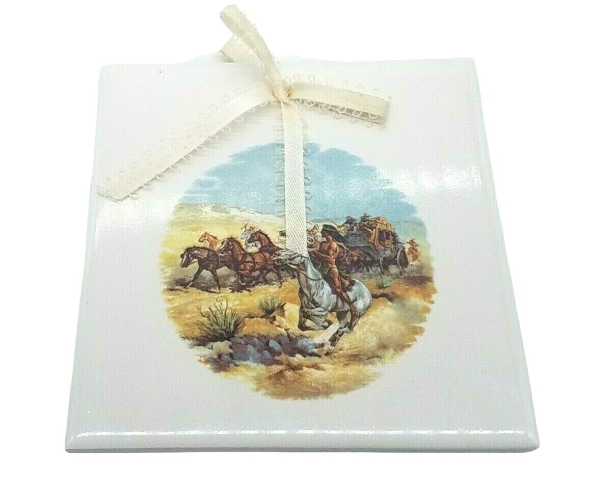 4 Ceramic Tiles Trivets Wall Hangings Western Cowboys 4.25 X 4.25 Made In USA