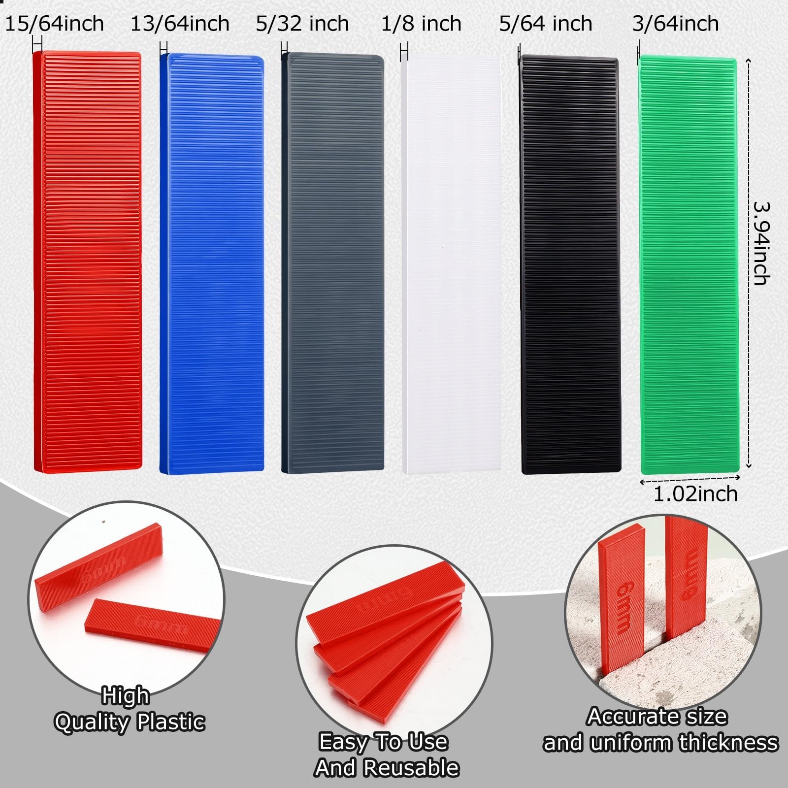 120 Pcs Plastic Flat Shims for Leveling Tiles – Multi-Color Sizes 3/64 to 1/8