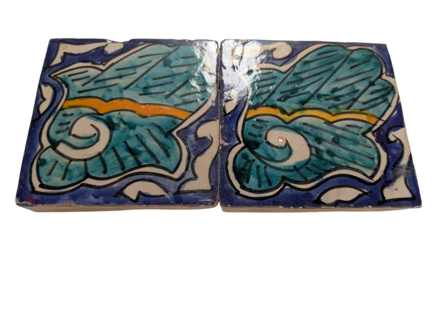 2x Moroccan Zellige Mosaic Tiles Pair Hamsa Design J 10cm/4 Inch