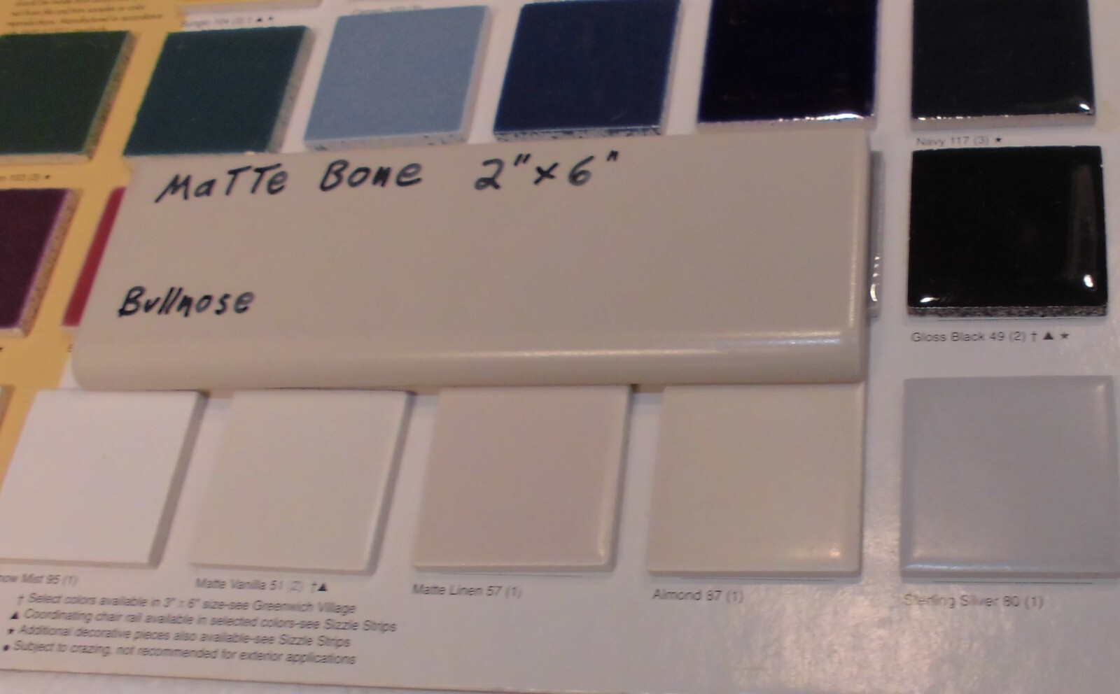 1 pc. Matte Bone – Almond: Ceramic Bullnose Tile 2” X 6” Flat-Surface Type, NEW