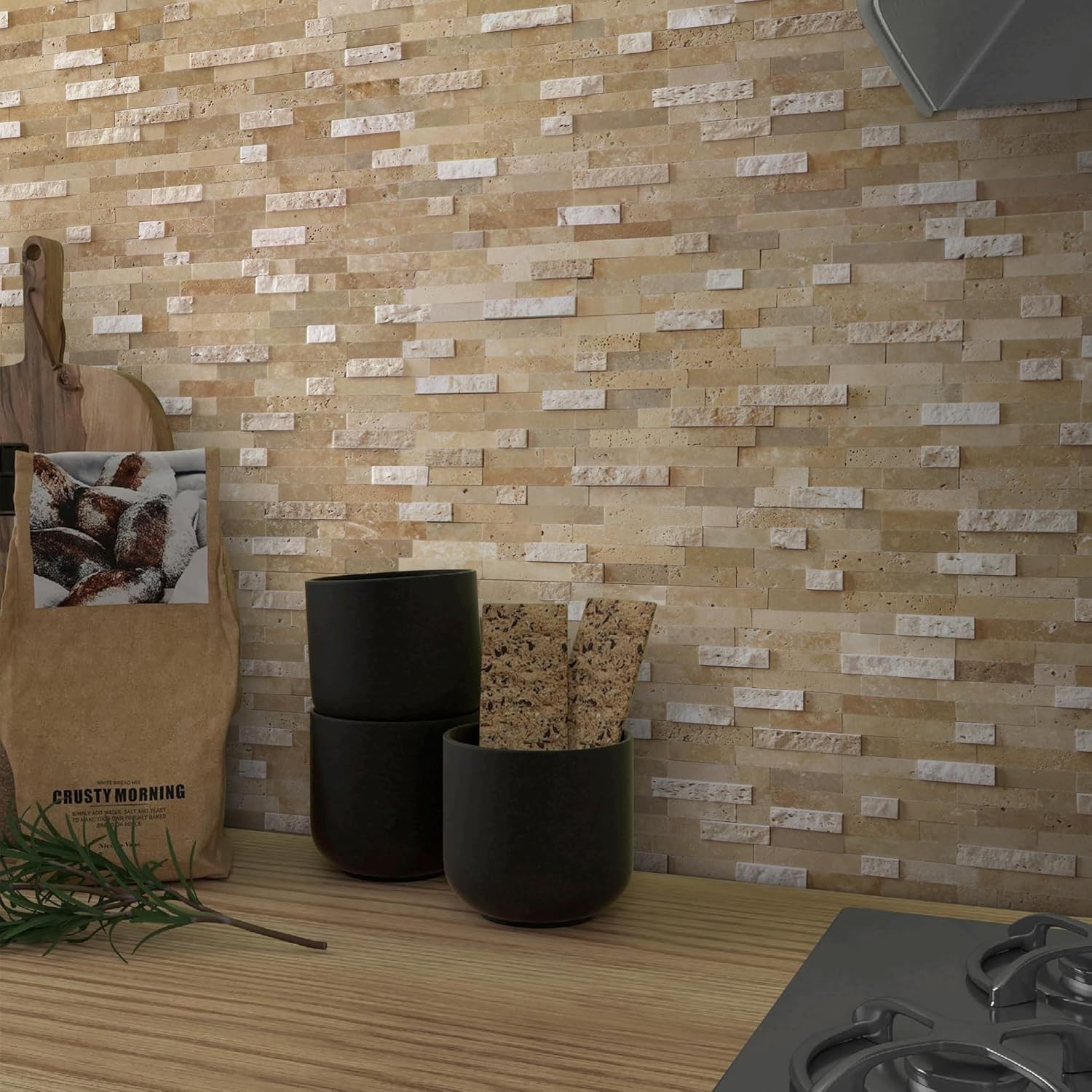 Natural Stone Mosaic Tiles Peel Stick 3D Beige Kitchen Backsplash Heat Resistant