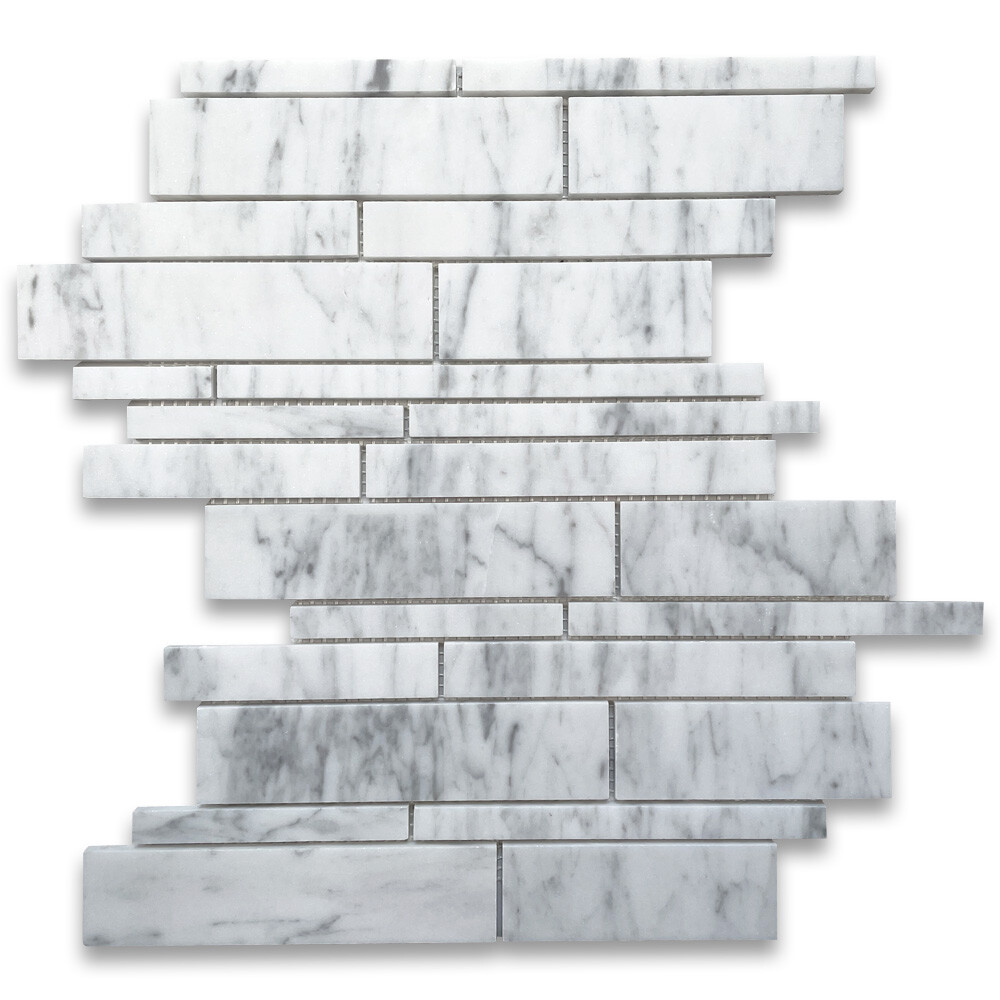 C78XH Carrara White Marble Random Strip Modern Brick Mosaic Tile Honed