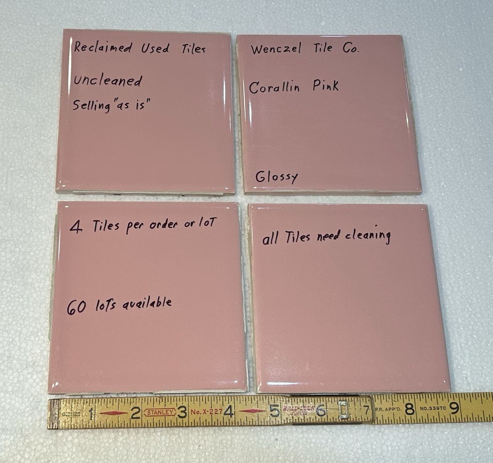 4 Corallin Pink Ceramic Tiles: by Wenczel Co. Used; all uncleaned & needs work
