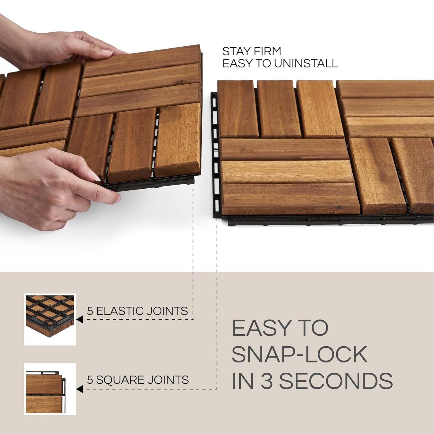 Crossed Pattern Interlocking Deck Tiles – 12”x12” Waterproof Acacia Wood Set