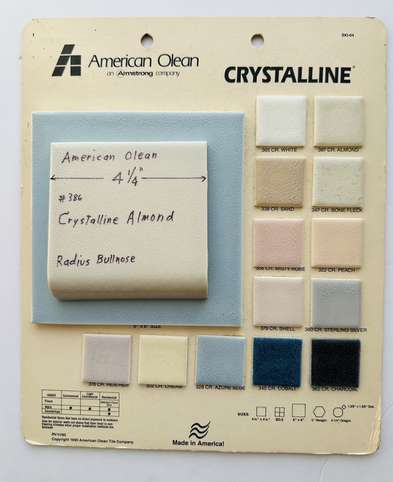 1 pc. Almond: Crystalline Ceramic Radius Bullnose Tile 4-1/4” American Olean