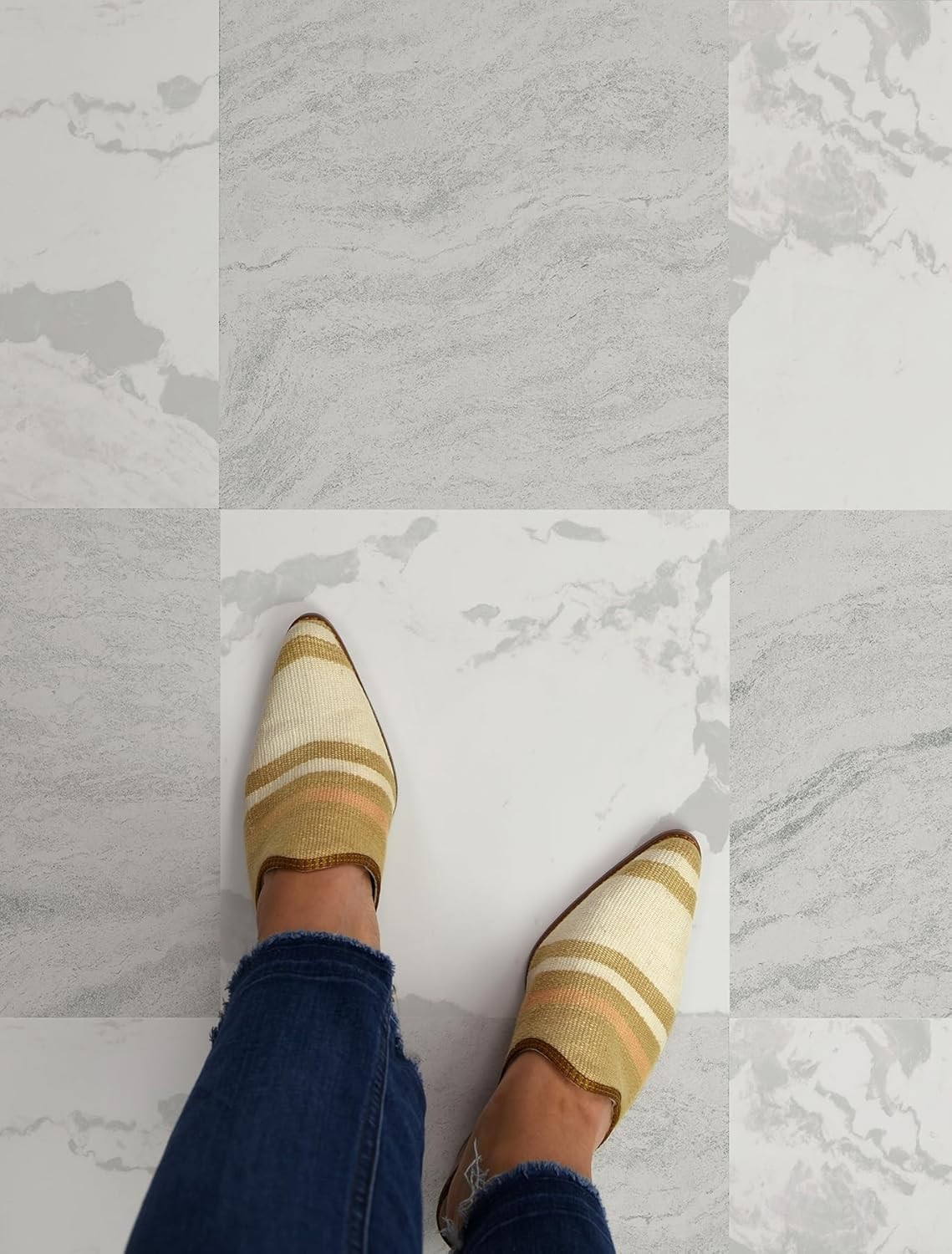 Beige & White Marble Pattern Floor Tiles, 12×12 – Set of 10