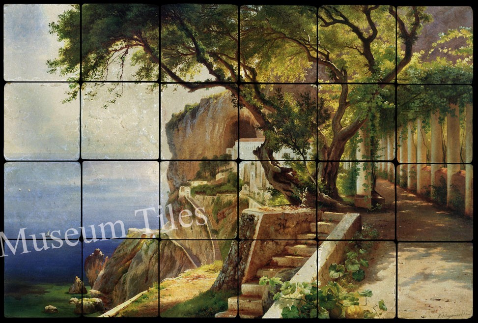 24×16 Pergola Amalfi Coast Tumbled Marble Tile Mural for Kitchen