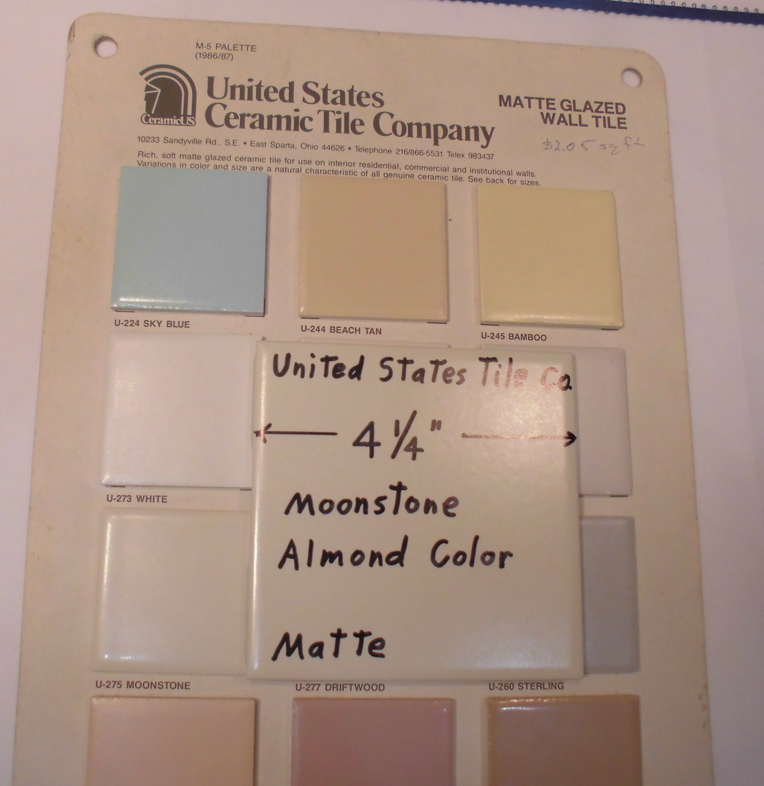 1 pc. *Almond – Moonstone* Matte Ceramic Tile 4-1/4″ (NOS) Made in USA