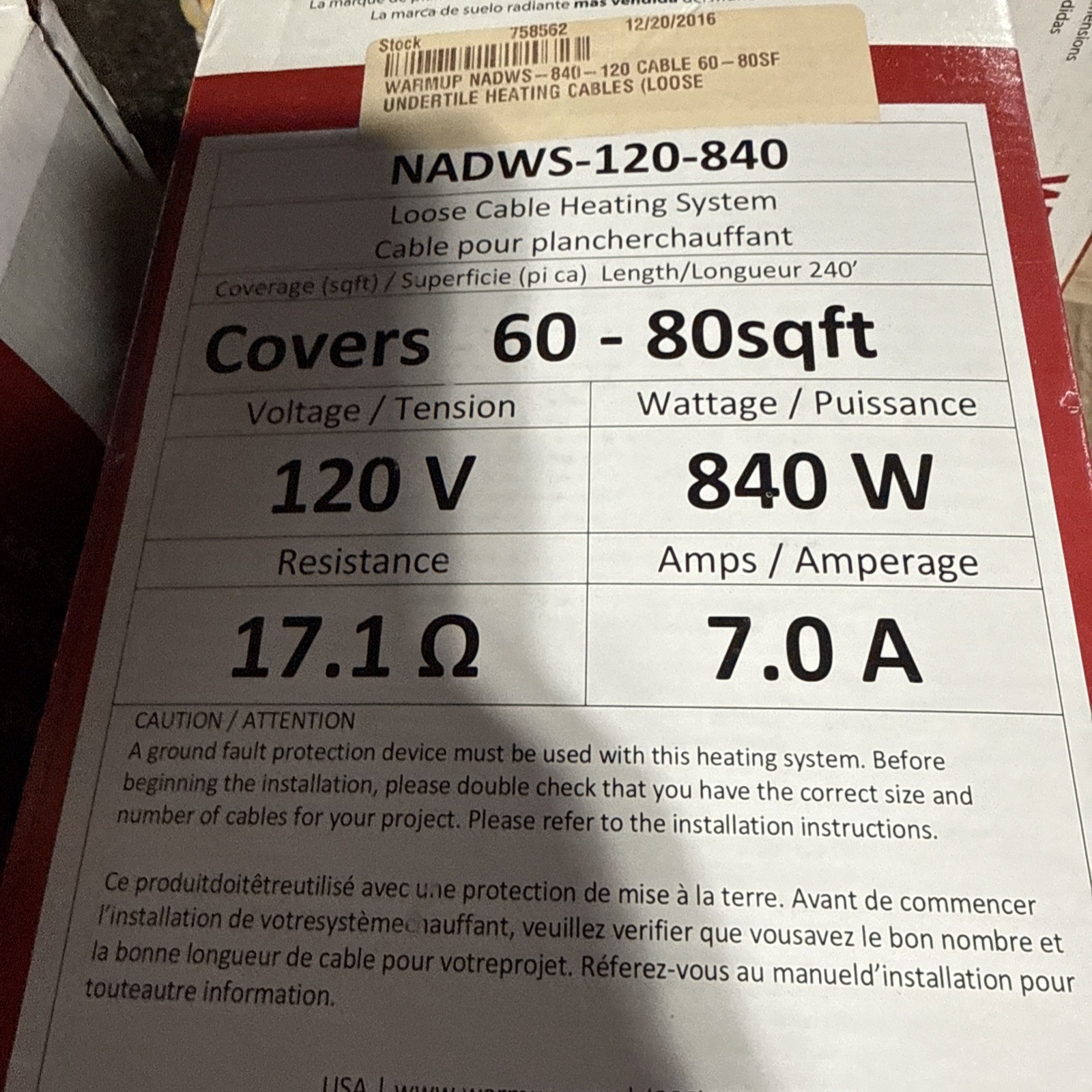 Warmup Underfloor Under tile Heated Wire Nadws-120-840 60-80 Square Feet