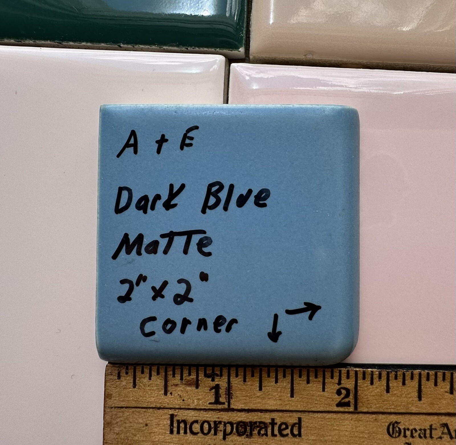 Dark Blue: 2″ X 2″ X 5/16″ Ceramic Surface Bullnose Corner Tile, made 1950’s