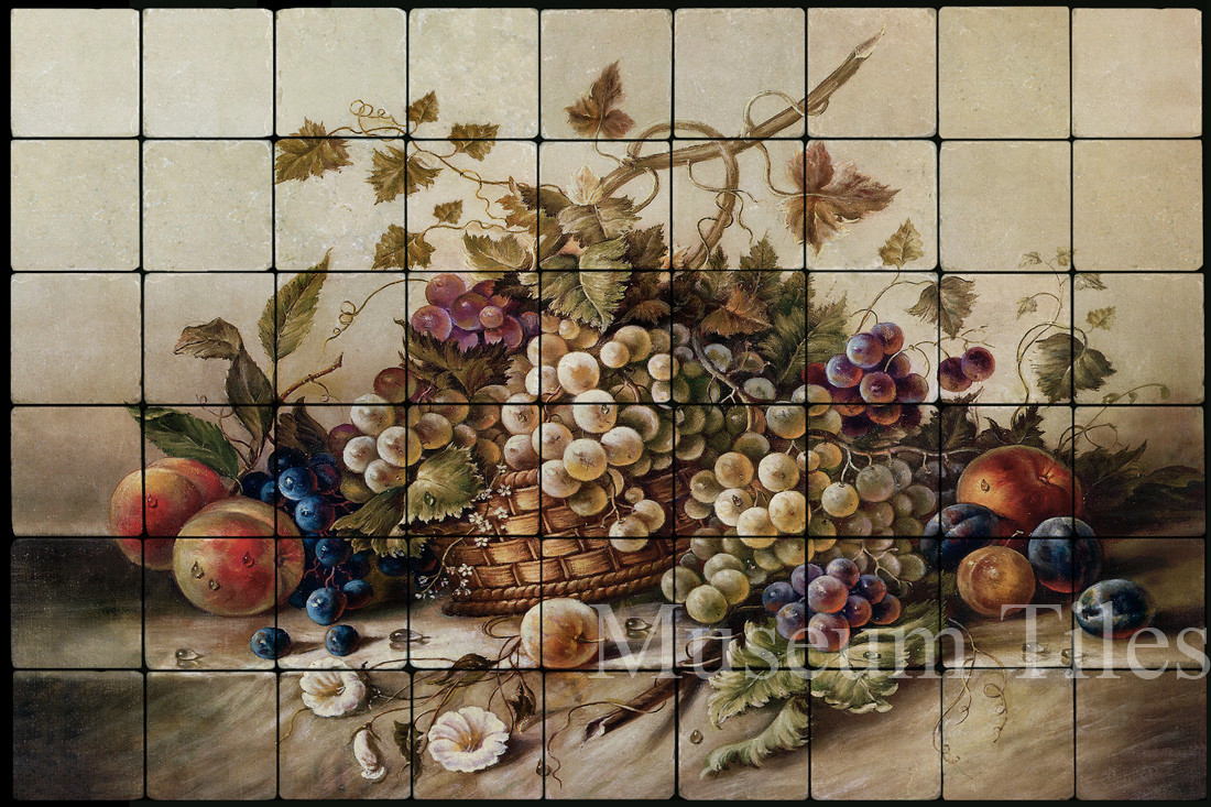 Art Mural 36×24 Pila Corado Fruit Basket Backsplash Tumbled Marble Tiles