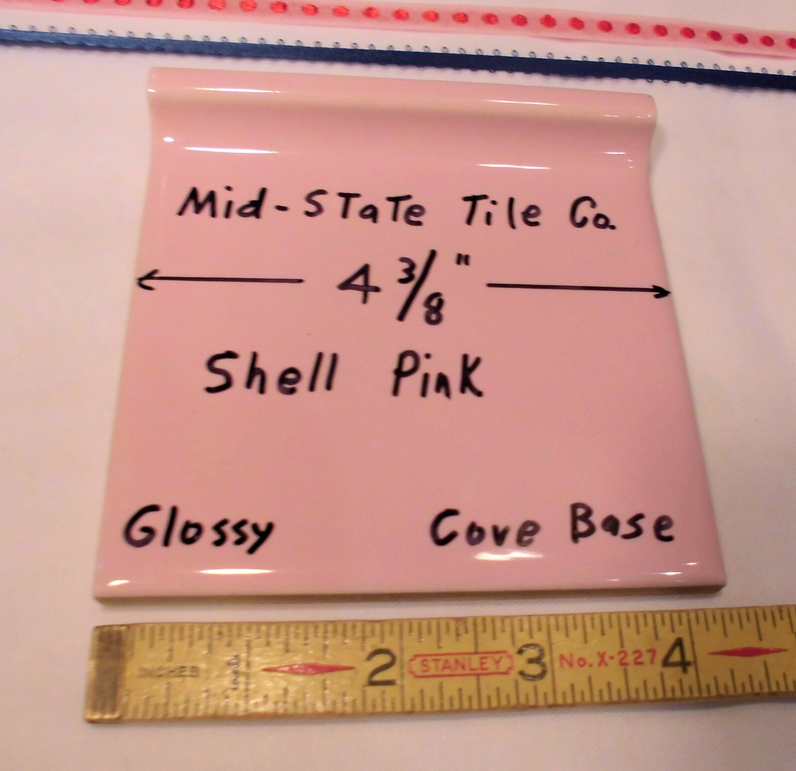 1 pc. Cove-Base Ceramic Tile *Shell Pink* 4-3/8″ Mid-State Co. Glossy; stack on