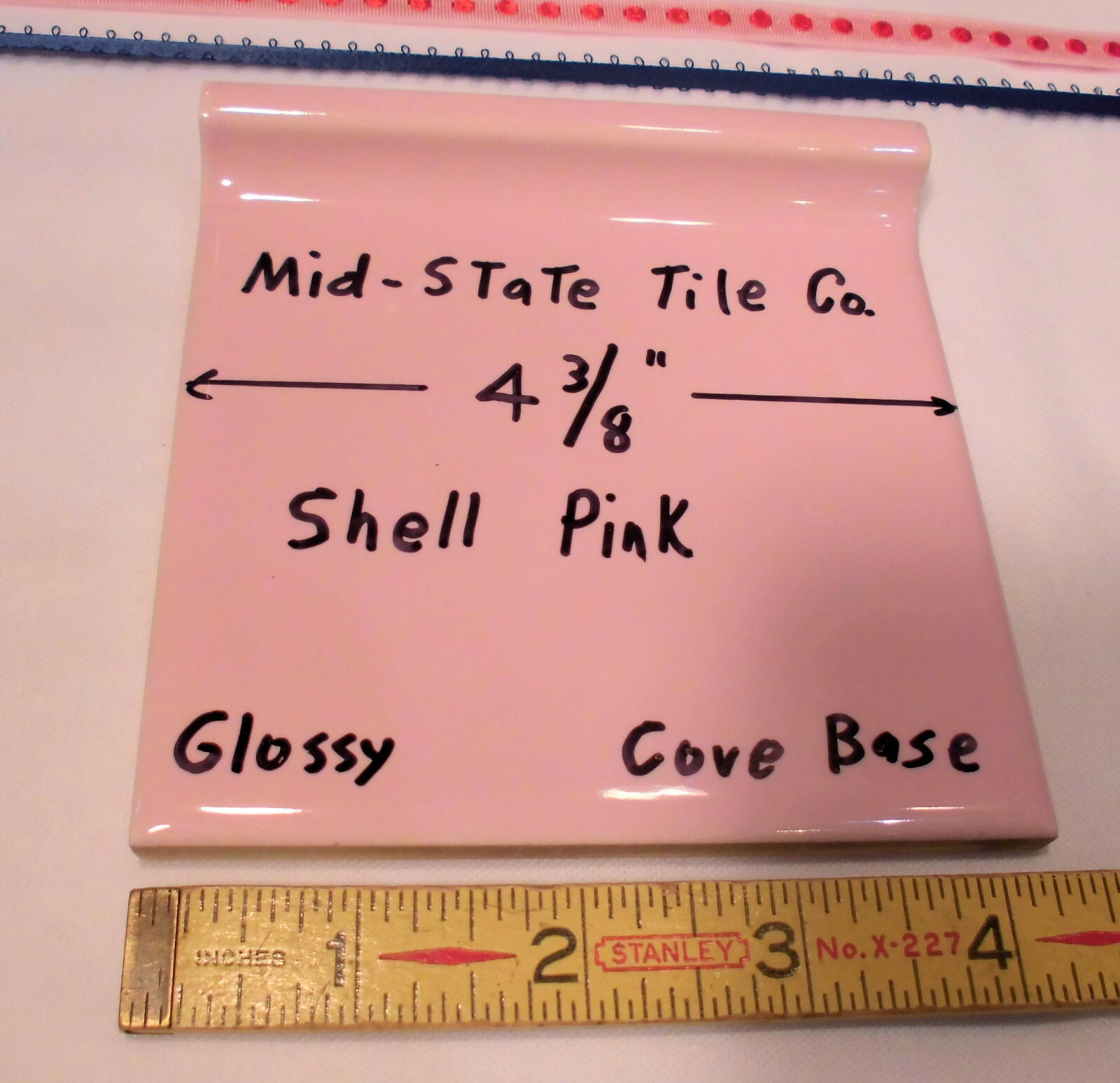 1 pc. Cove-Base Ceramic Tile *Shell Pink* 4-3/8″ Mid-State Co. Glossy; stack on