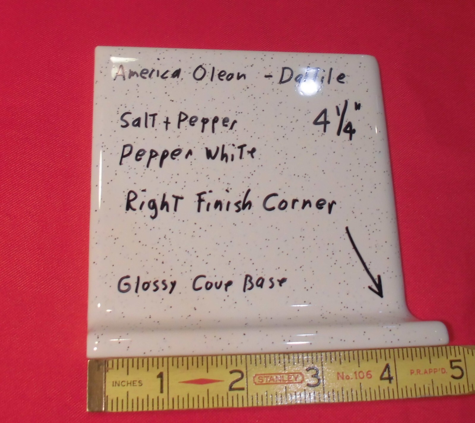 1 pc. Salt & Pepper: Right Finish Corner, Cove/Base Ceramic Tile 4-1/4″ New