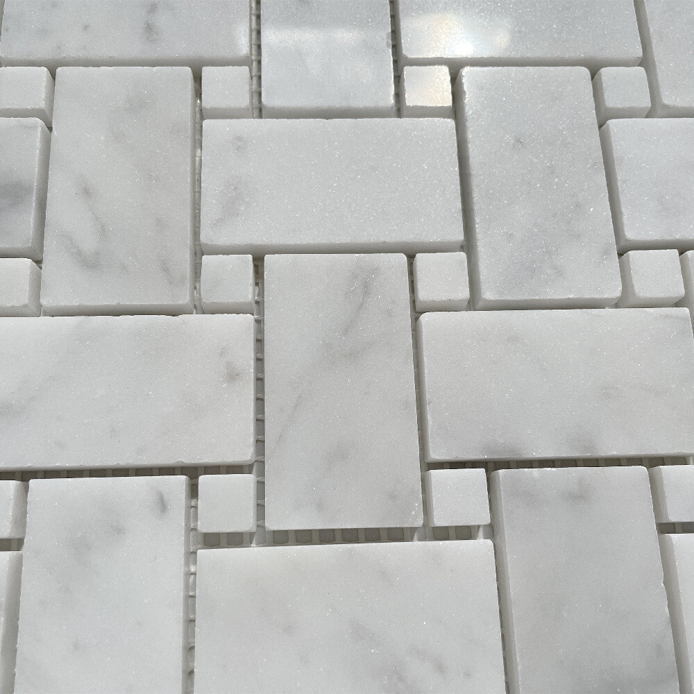 C650XP Carrara White Marble Basketweave Mosaic Tile White Dots Polished 1×2