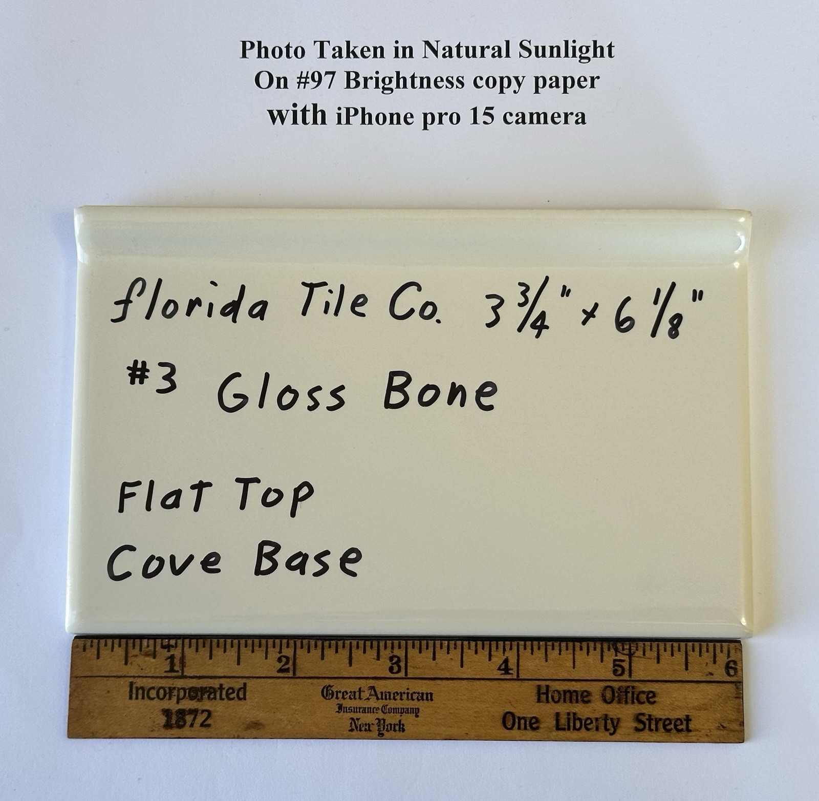 1 pc. Gloss Bone: 3-3/4″ X 6-1/8″ Ceramic Cove Base Tile, florida Co. Flat Top
