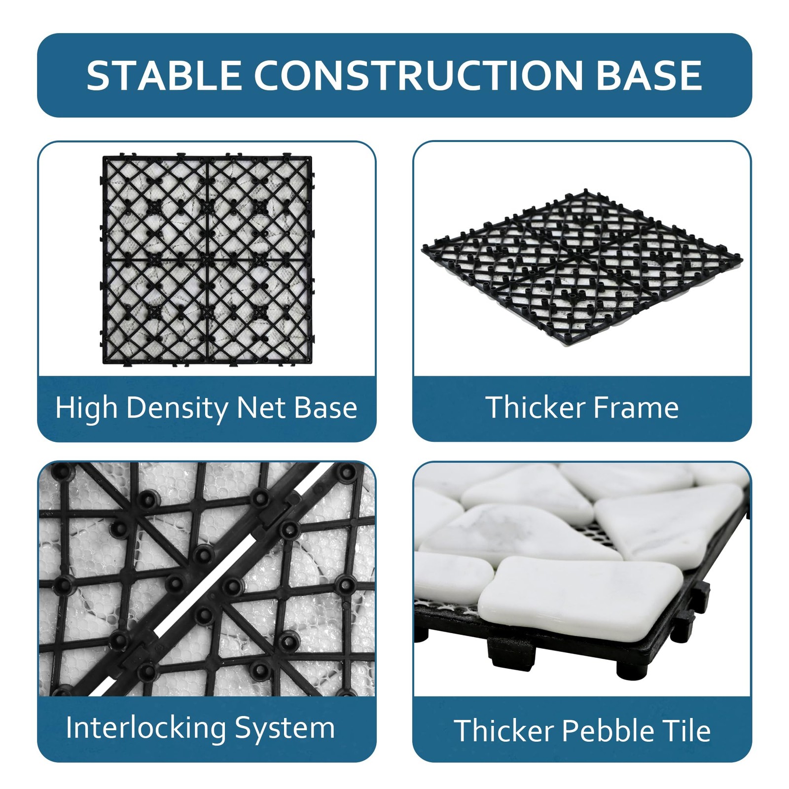 4PCS Natural Pebble Interlocking Deck Tiles, 12″ x 12″ Recycled Glass Marble …