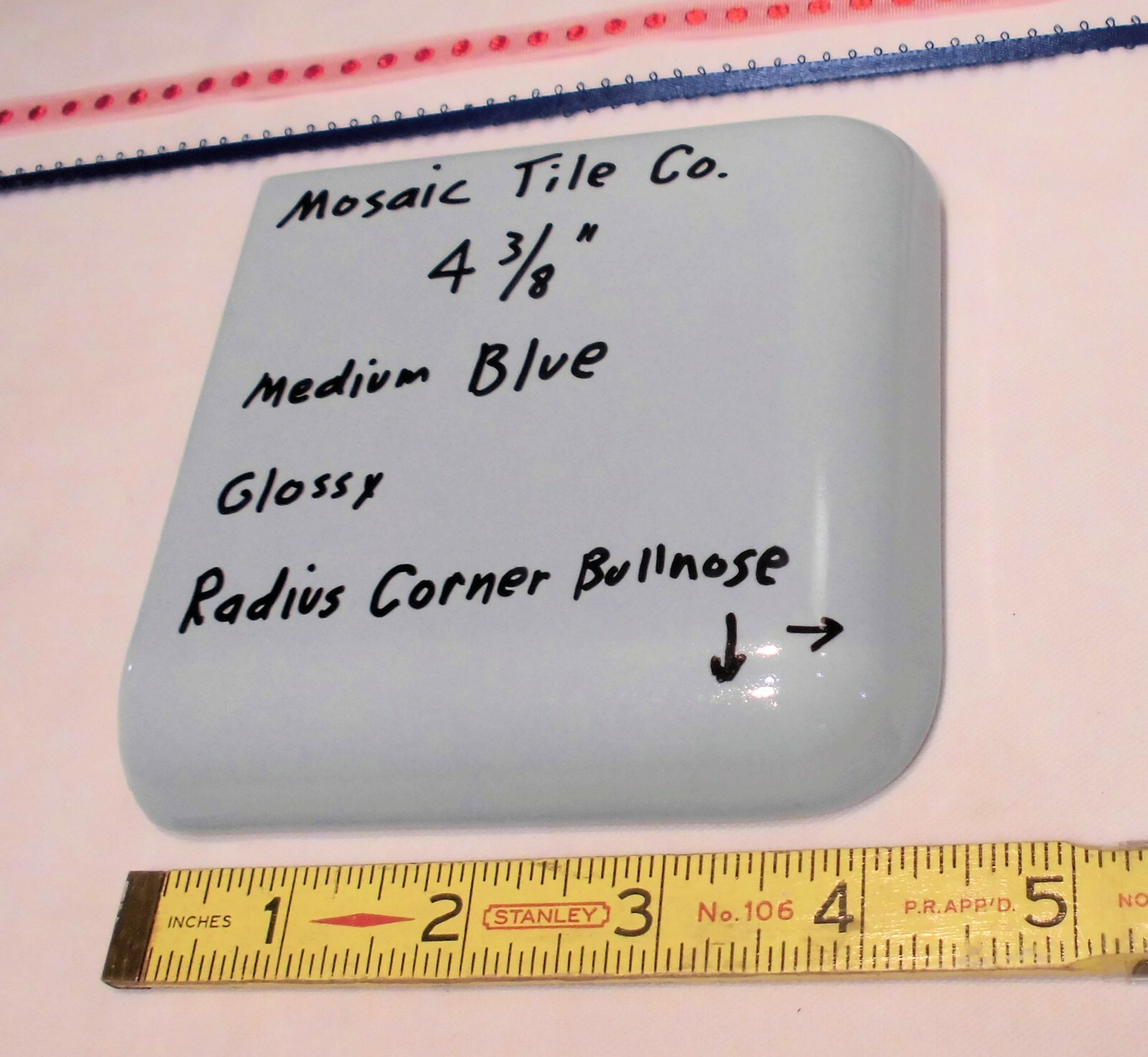 1 pc. Medium Blue – Gray; Radius Corner Bullnose Ceramic 4-3/8″ Glossy; Mosaic