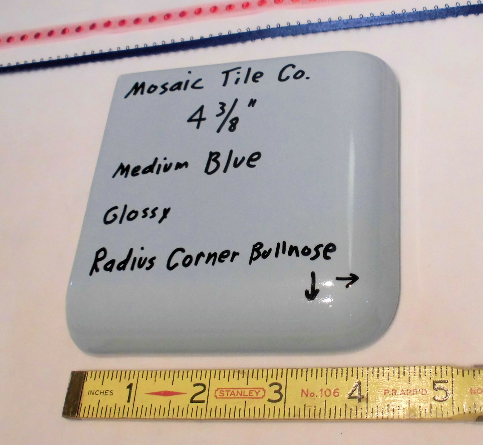 1 pc. Medium Blue – Gray; Radius Corner Bullnose Ceramic 4-3/8″ Glossy; Mosaic
